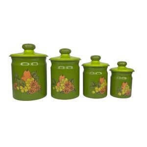 Vintage 1960 MCM Kromex Canister Set Green Avocado Floral Fruit Aluminum Nesting
